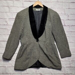 Bergdorf Goodman Houndstooth Jacket Womens Large Black White Velvet‎ Collar